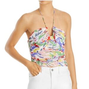 Aqua Brushstroke Floral Print Shirred Halter Top size S